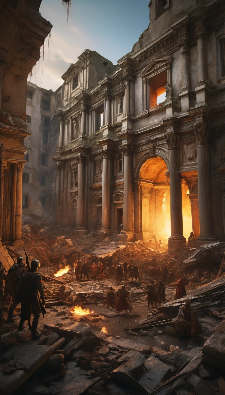 The fall of Rome depicted in the style of Romanticism, dramatic lighting, hyper-realistic details of crumbling architecture, Roman soldiers in distress, soft focus background of chaos and destruction, monumental composition, emotional atmosphere, background dark, hyper realistic, ultra detailed hyper realistic, photorealistic, Studio Lighting, reflections, dynamic pose, Cinematic, Color Grading, Photography, Shot on 50mm lens, Ultra-Wide Angle, Depth of Field, hyper-detailed, beautifully color, 8k