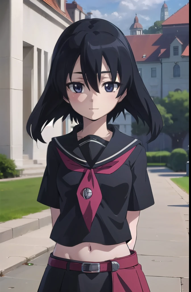 agkkurome, kurome, short hair, black hair, (black eyes:1.3), hair between eyes, cute face, smile, blush
BREAK skirt, serafuku, black serafuku, tightened shirt, short sleeves, black skirt, neckerchief, red neckerchief, belt, midriff peek, arms behind back
BREAK city, sky, clouds, palace courtyards, rain, raining
BREAK looking at viewer, (cowboy shot:1.5), wind, wind blowing, from below
BREAK (masterpiece:1.2), best quality, high resolution, unity 8k wallpaper, (illustration:0.8), (beautiful detailed eyes:1.6), extremely detailed face, perfect lighting, extremely detailed CG, (perfect hands, perfect anatomy)