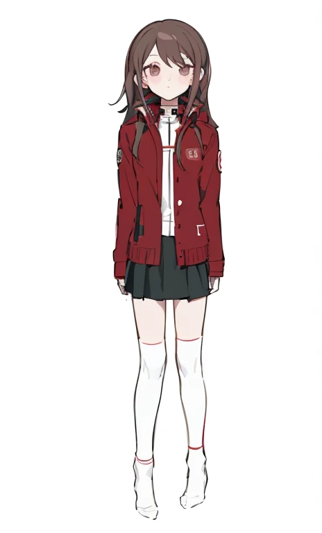 Cartoon girl in red jacket and skirt and white socks, High female emo art student, anime full body picture, !!full body portrait!!, Single character full body, Whole body and clothing, sick. High, Owari Akane Danganronpa, wearing jacket and skirt, full body picture, anime style characters, full body single character