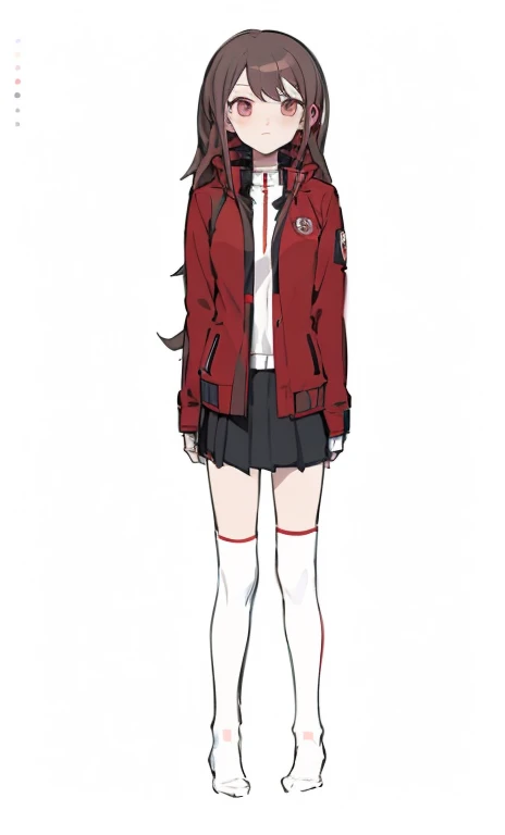 Cartoon girl in red jacket and skirt and white socks, High female emo art student, anime full body picture, !!full body portrait!!, Single character full body, Whole body and clothing, sick. High, Owari Akane Danganronpa, wearing jacket and skirt, full body picture, anime style characters, full body single character