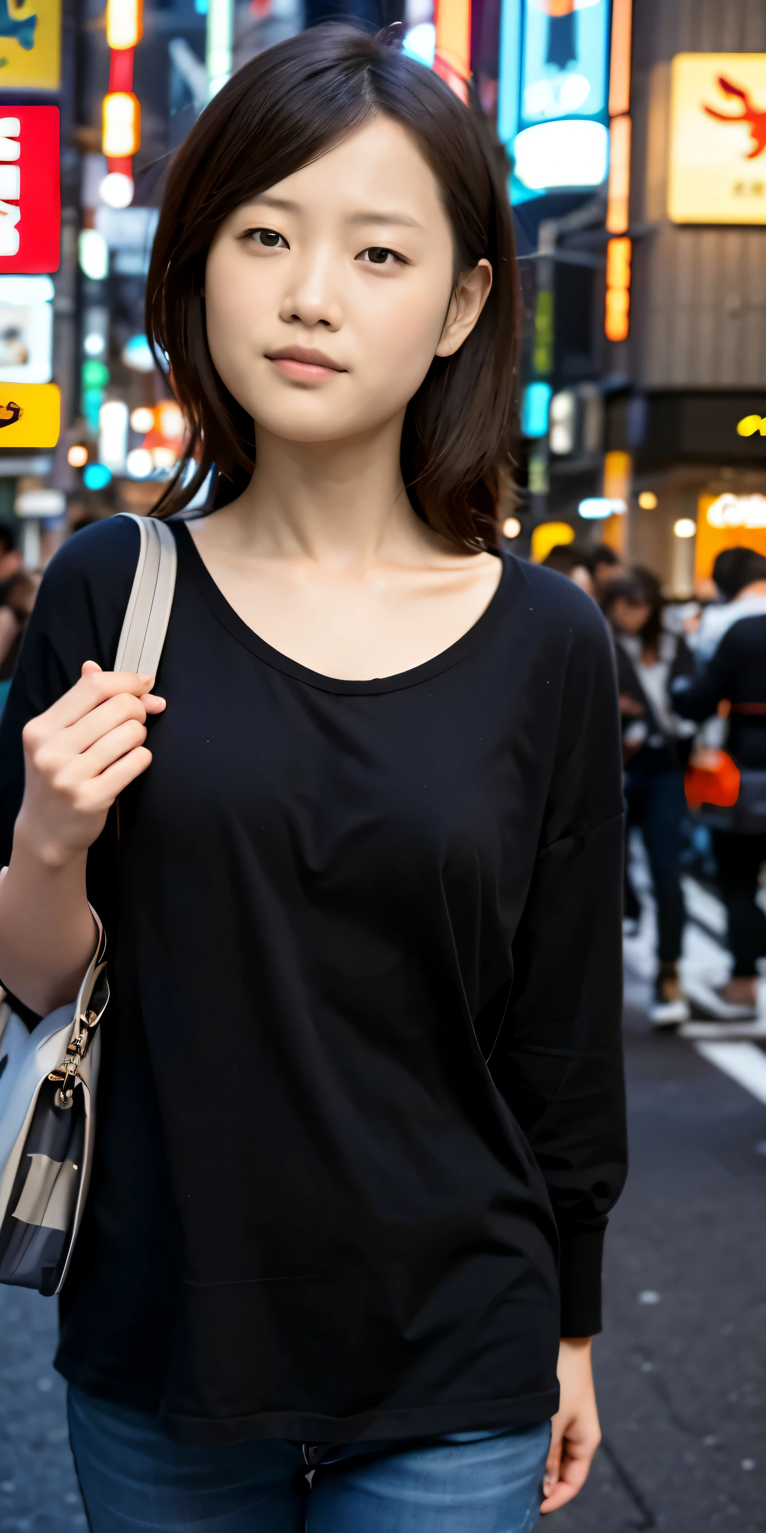 1 girl, Tokyo Street,night, city View,city lights, Upper body,close up, 8K, original photo, best quality, masterpiece,actual, photo-actual,