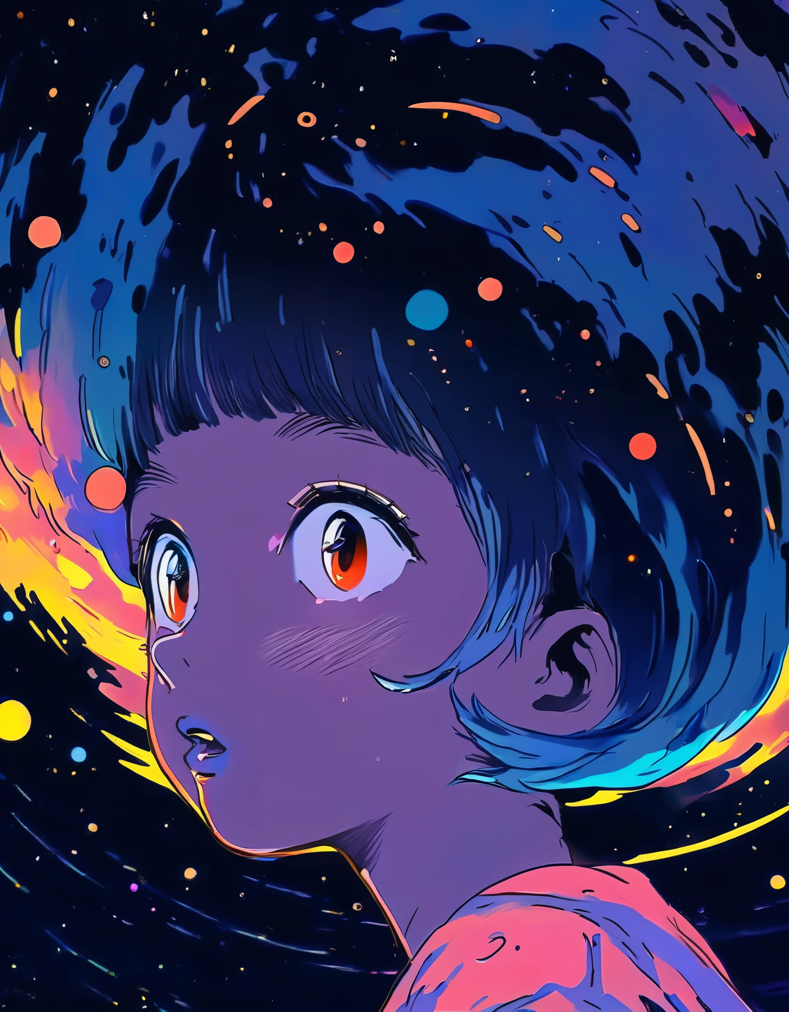 (best quality, sketch:1.2),realistic,illustrator,anime,1 girl, detailed lips,custom, gradient background,neon hair,textured cropping, masterpiece, anime, a woman standing looking at a black hole, fantasy world, trending on art station, space art, dreamy psychedelic anime, beautiful anime scene, anime epic artwork. anime, epic realism, planet landing