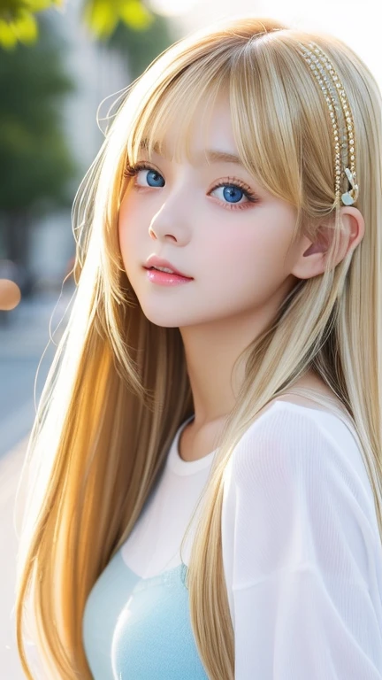 Sexy fresh appearance perfect beautiful cute pretty girl、Long bangs above the eyes、Super long golden blonde straight silky hair、beautiful face hair、Very cute beautiful sexy young little woman、very perfect beautiful cute face、Beautiful clear cute light blue big eyes with fluttering blonde hair、Huge bright eye highlights、small face beautiful girl