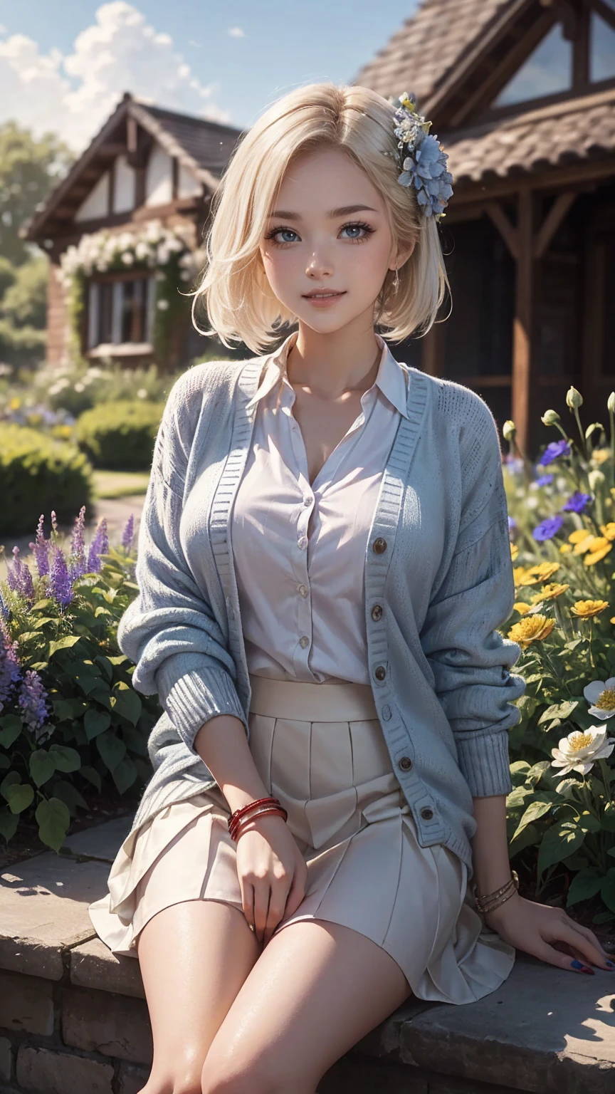 ((最high quality, 8K, masterpiece: 1.3, Ultra HD, high quality, 最high quality, High resolution, realism)) 、A 22-year-old extremely beautiful white woman、Her hair color is platinum blonde、blue eyeedium hair、straight hair、The hair is shiny、The skin is lustrous、smile、Slender but well-proportioned muscular body、Athlete-like body type、I don't want my head to disappear from the screen.、Wearing accessories on your wrist、Wearing red nail polish、I have a peticure、British suburban buildings、There is an English garden、Many flowers bloom、The blue sky is beautiful、summer sunshine、Wearing a blouse、put on a cardigan、Long length covers the ankles、Wear a pleated skirt、Drinking tea in a cup and saucer in the garden、anatomically correct、((anatomically correct))、Ultra high definition((UHD))、textured skin((textured skin))、very detailed((super detail))、high detail((high details))、smile showing teeth((grin))、hair flower((hair flower))、lick your lips((licking lips))