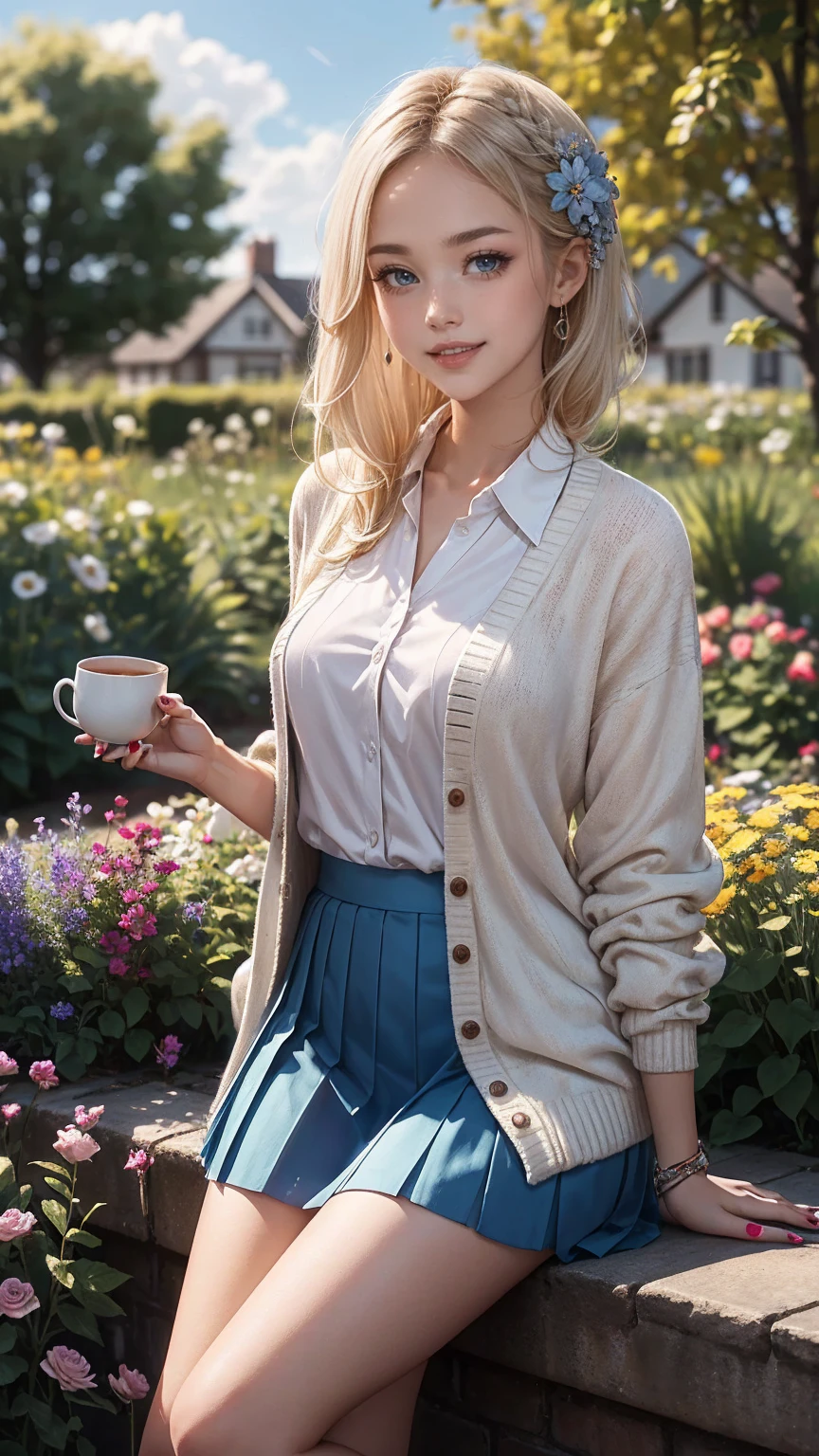 ((最high quality, 8K, masterpiece: 1.3, Ultra HD, high quality, 最high quality, High resolution, realism)) 、A 22-year-old extremely beautiful white woman、Her hair color is platinum blonde、blue eyeedium hair、straight hair、The hair is shiny、The skin is lustrous、smile、Slender but well-proportioned muscular body、Athlete-like body type、I don&#39;t want my head to disappear from the screen.、Wearing accessories on your wrist、Wearing red nail polish、I have a peticure、British suburban buildings、There is an English garden、Many flowers bloom、The blue sky is beautiful、summer sunshine、Wearing a blouse、put on a cardigan、Long length covers the ankles、Wear a pleated skirt、Drinking tea in a cup and saucer in the garden、anatomically correct、((anatomically correct))、Ultra high definition((UHD))、textured skin((textured skin))、very detailed((super detail))、high detail((high details))、smile showing teeth((grin))、hair flower((hair flower))、lick your lips((licking lips))
