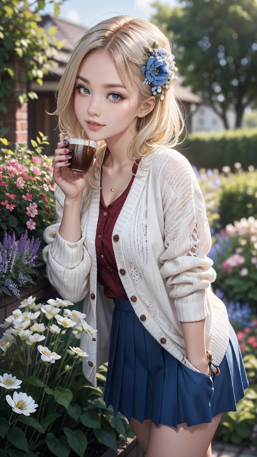 ((最high quality, 8K, masterpiece: 1.3, Ultra HD, high quality, 最high quality, High resolution, realism)) 、A 22-year-old extremely beautiful white woman、Her hair color is platinum blonde、blue eyeedium hair、straight hair、The hair is shiny、The skin is lustrous、smile、Slender but well-proportioned muscular body、Athlete-like body type、I don&#39;t want my head to disappear from the screen.、Wearing accessories on your wrist、Wearing red nail polish、I have a peticure、British suburban buildings、There is an English garden、Many flowers bloom、The blue sky is beautiful、summer sunshine、Wearing a blouse、put on a cardigan、Long length covers the ankles、Wear a pleated skirt、Drinking tea in a cup and saucer in the garden、anatomically correct、((anatomically correct))、Ultra high definition((UHD))、textured skin((textured skin))、very detailed((super detail))、high detail((high details))、hair flower((hair flower))