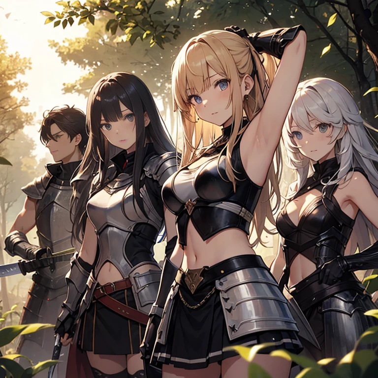 A group of young female knight, (in forest), various hair styles, harem, wearing armored clothes, metal armor, night, details face, , short skirt, seducing, sword, sleeveless , showing armpits, midriff