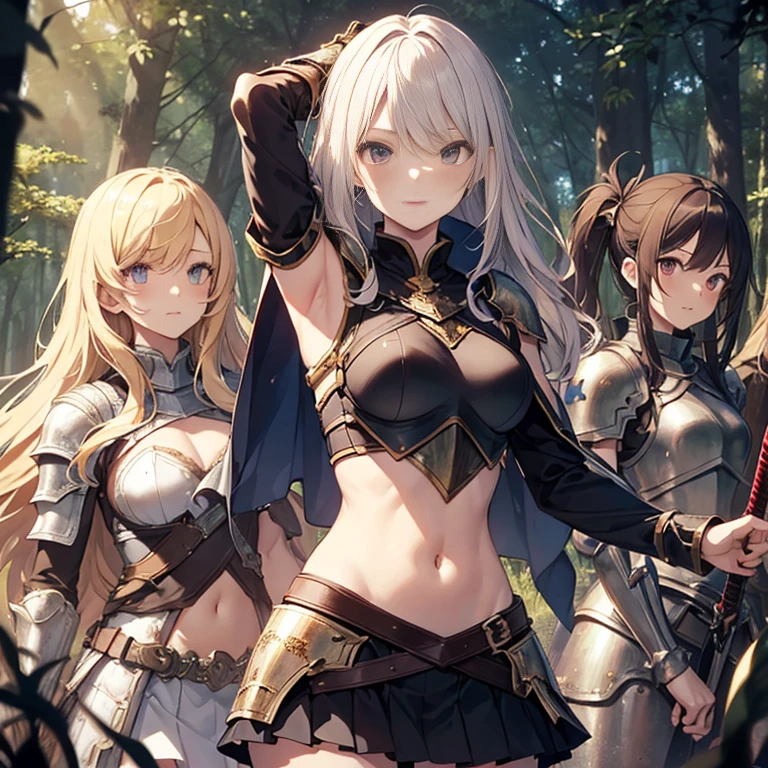 A group of young female knight, (in forest), various hair styles, harem, wearing armored clothes, metal armor, night, details face, , short skirt, seducing, sword, sleeveless , showing armpits, midriff 
