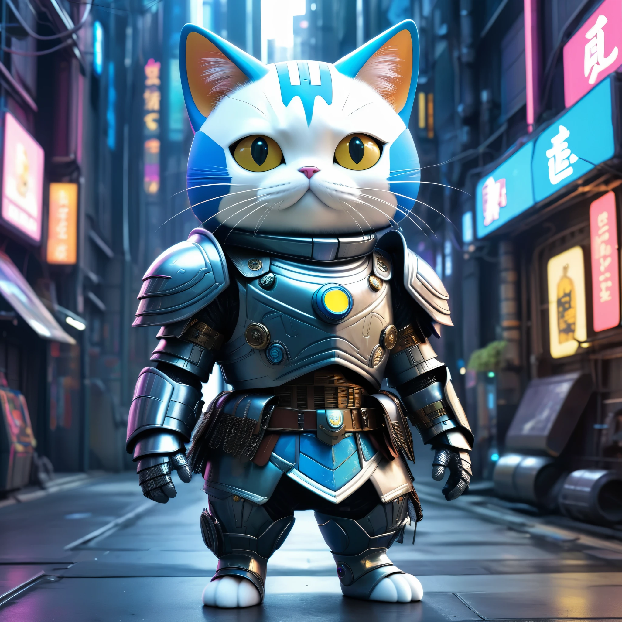 Dressed animals page, captivating and intriguing image of a Doraemon cat dressed in cyberpunk styled knight armor, futuristic armor