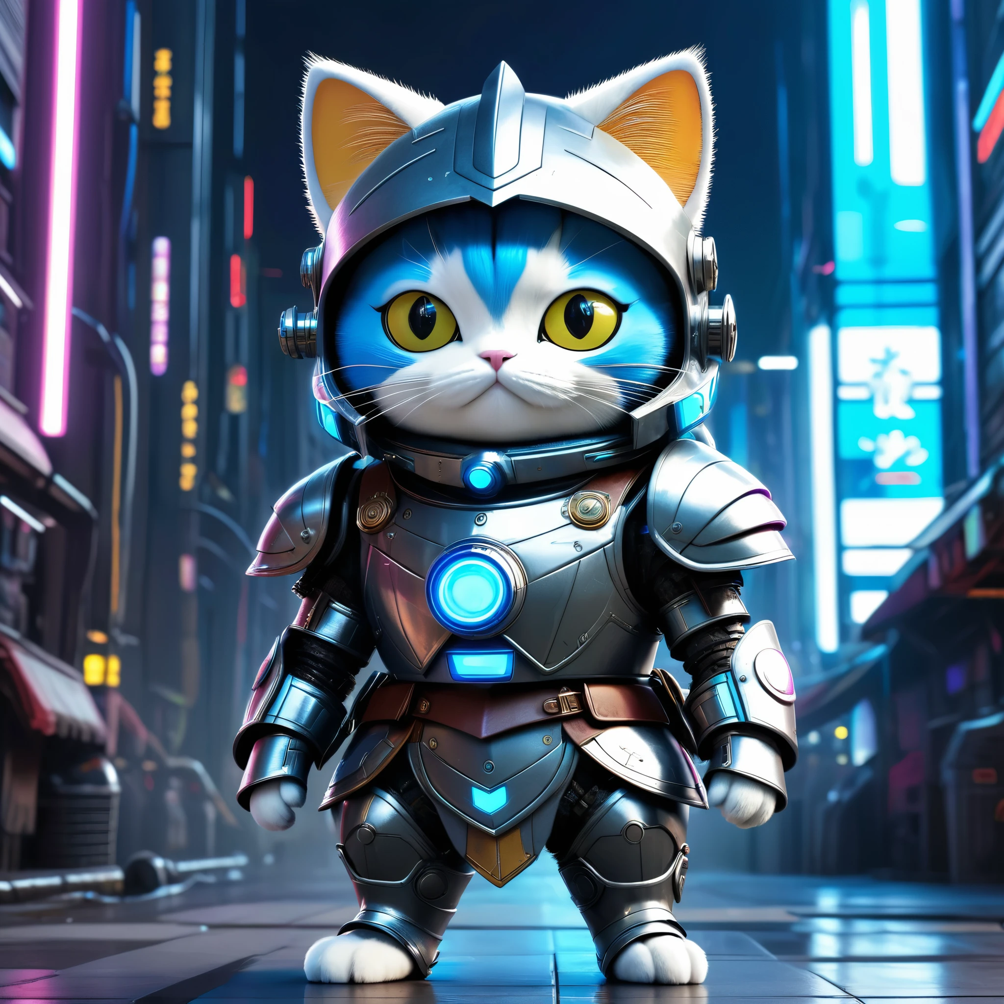 Dressed animals page, captivating and intriguing image of a Doraemon cat dressed in cyberpunk styled knight armor, futuristic armor