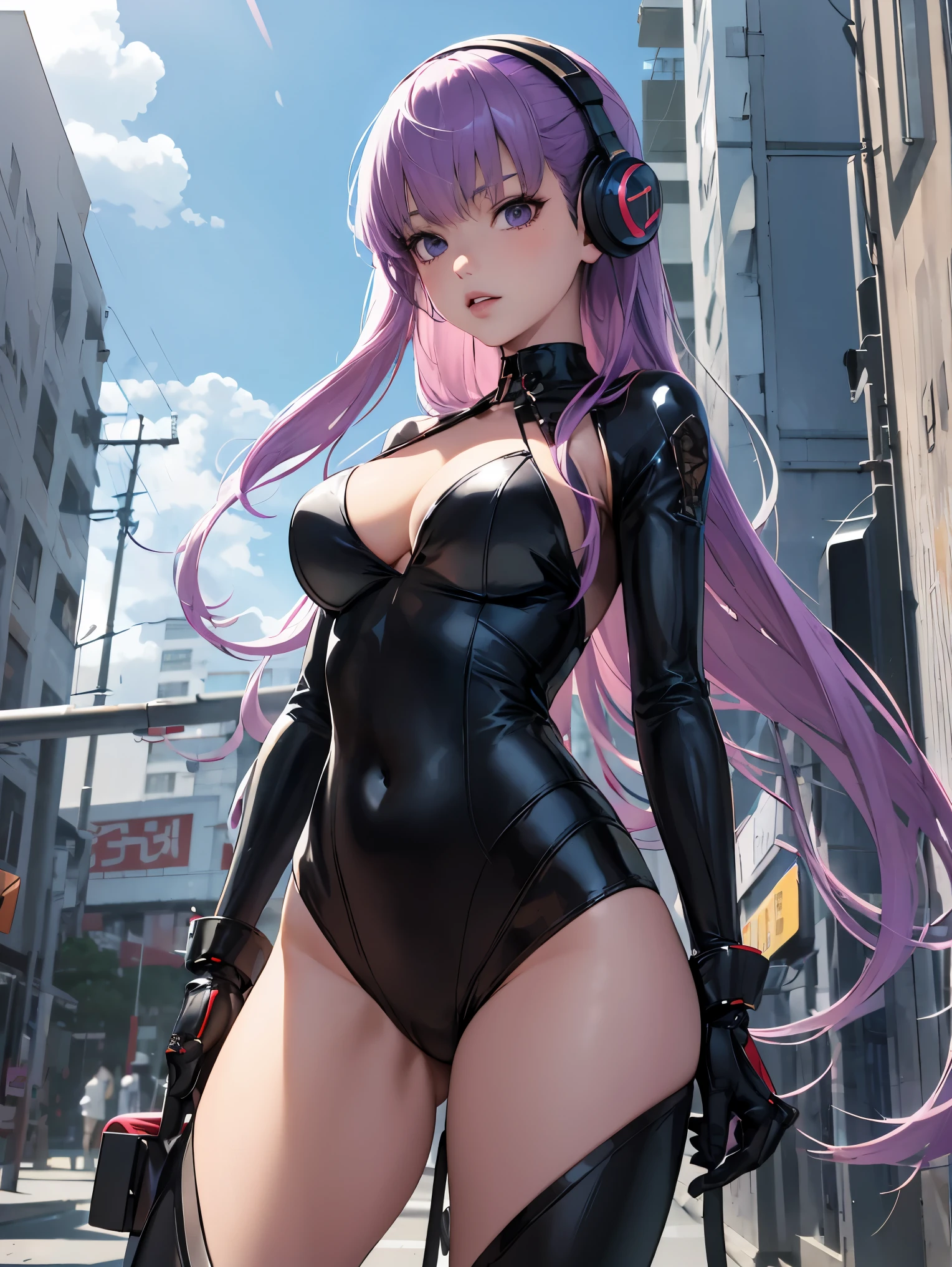 anime girl in a black bodysuit with headphones on, an anime drawing inspired by Ayami Kojima, trending on pixiv, shin hanga, seductive anime girl, photorealistic anime girl render, biomechanical oppai, smooth anime cg art, attractive anime girl, realistic anime 3 d style, digital anime illustration, beautiful alluring anime woman, digital anime art