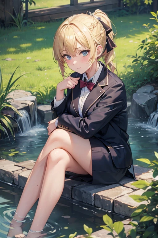 1 grill, (alone:1.3), ditch, hot spring, outdoor, suit jacket, hug your feet, of course(blue archive), medium breasts,  blonde hair, Braid, folded ponytail, hair ribbon, 