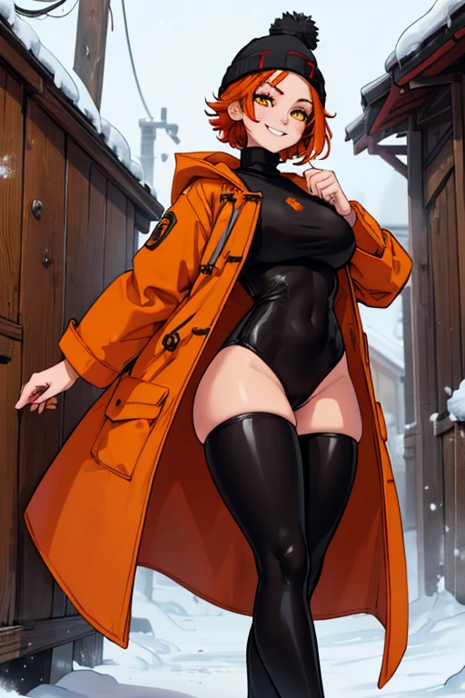 Masterpiece,best quality,Kousaka honoka, cowboy shot,(big breasts),blue eyes, orange hair, hair ornament,curvy body,wide hips,thighs, blushing, sweating ,embarrassed, (strapless leotard), (cape), skull necklace , standing,hand on hip , smoke,dark sky with dark magic, in village