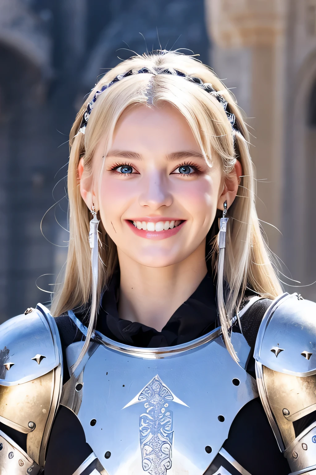 8K、highest quality、female knight、The background is a castle、Luxurious Silver Armor、heavy equipment、hairstyle shortcut、smile、beautiful teeth、full body photo、ear piercing、blonde、white woman、blue eyes、hair band