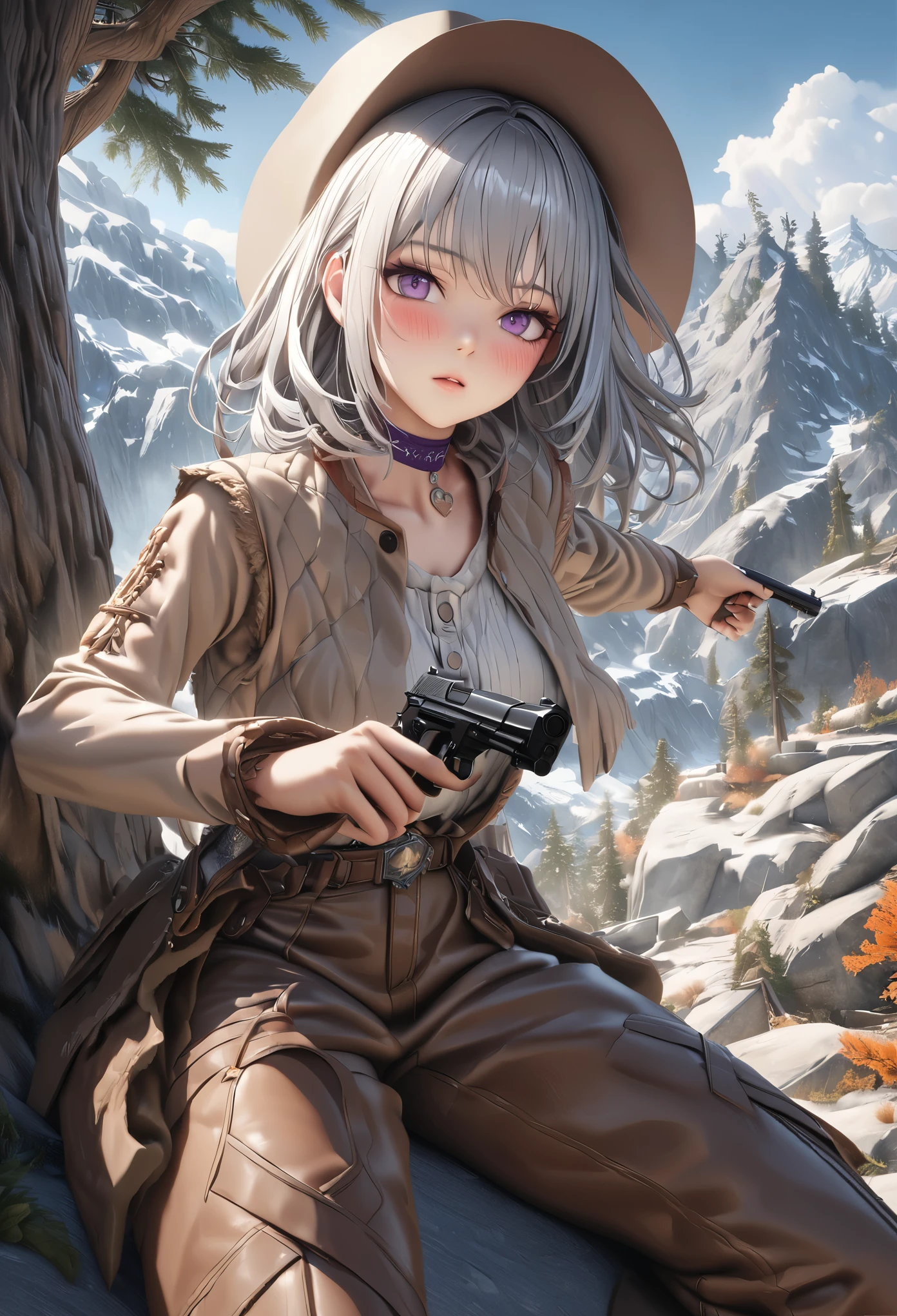 masterpiece,highest quality, Super detailed, High resolution, expensive resolution, HDR, 4k, 8K, unity 8k wallpaper, Super detailed CG, masterpiece, realistic, 2D, 3D, beautiful details, depth, fine texture , super fine: 1.3, Fully focused, Crispy.skin, .he, Very cute anime girl 、Desolate wilderness、cowboy styleの衣装、cowboy hat、cowboy boots、hand gun、mexican wilderness、duel、hand gunを持って立っている、long silver hair wearing expensive , one girl、alone, long silver hair, cowboy style、cowboy hat、hand gun、duel、cowboy bootole under the eye, looking at the viewer , expensive , blush, mole, parted lips, hair ornaments, heart, purple eyes, choker