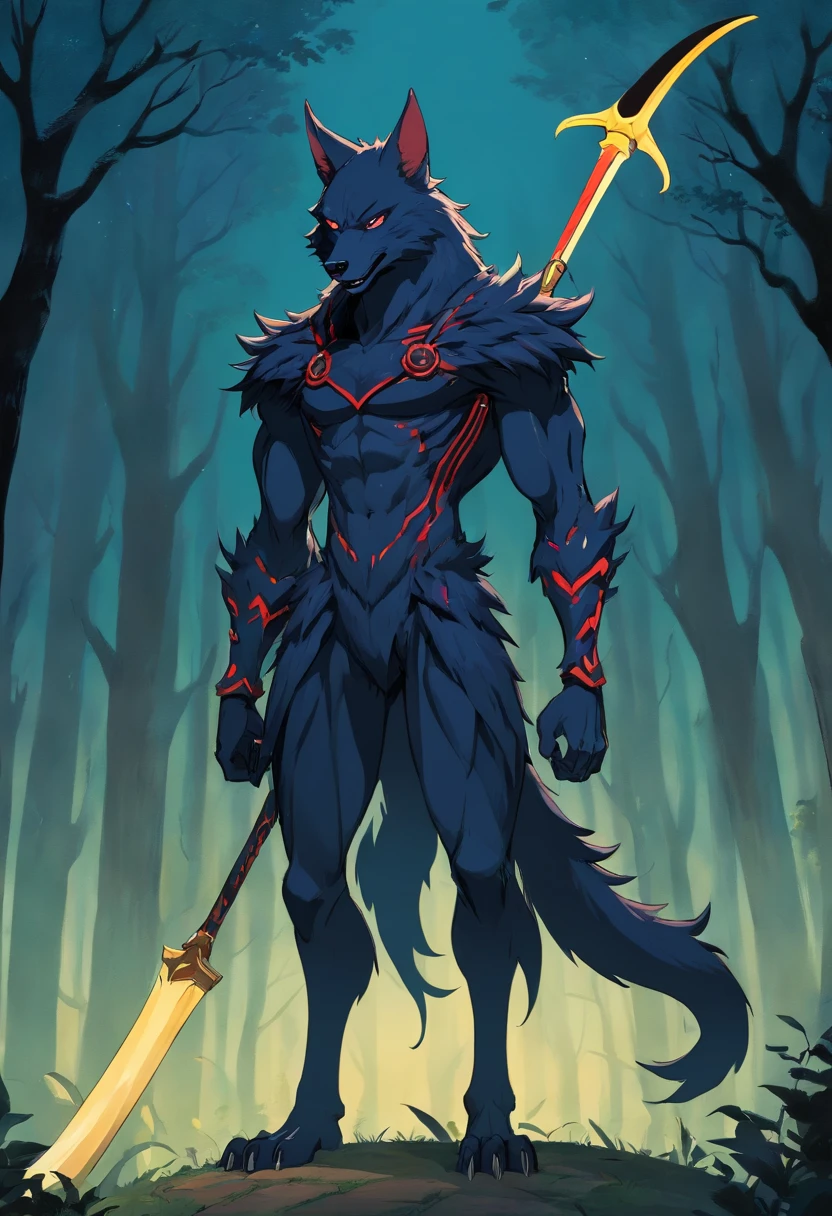 Slender werewolf with defined white muscles with black armor and scythe