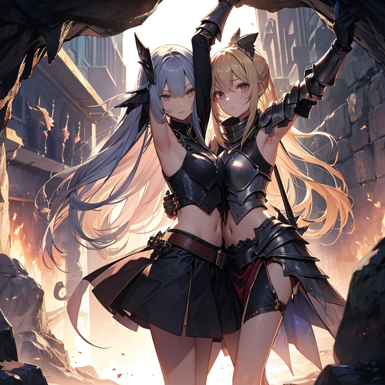 A group of young female knight, (inside dark cave), various hair styles, harem, wearing armored clothes, metal armor, night, details face, , short skirt, seducing, sword, sleeveless , showing armpits, midriff