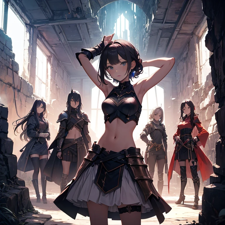 A group of young female knight, (inside dark cave), various hair styles, harem, wearing armored clothes, metal armor, night, details face, , short skirt, seducing, sword, sleeveless , showing armpits, midriff 