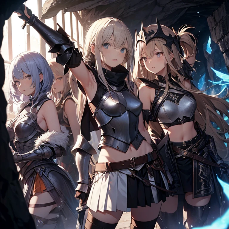 A group of young female knight, (inside dark cave), various hair styles, harem, wearing armored clothes, metal armor, night, details face, , short skirt, seducing, sword, sleeveless , showing armpits, midriff