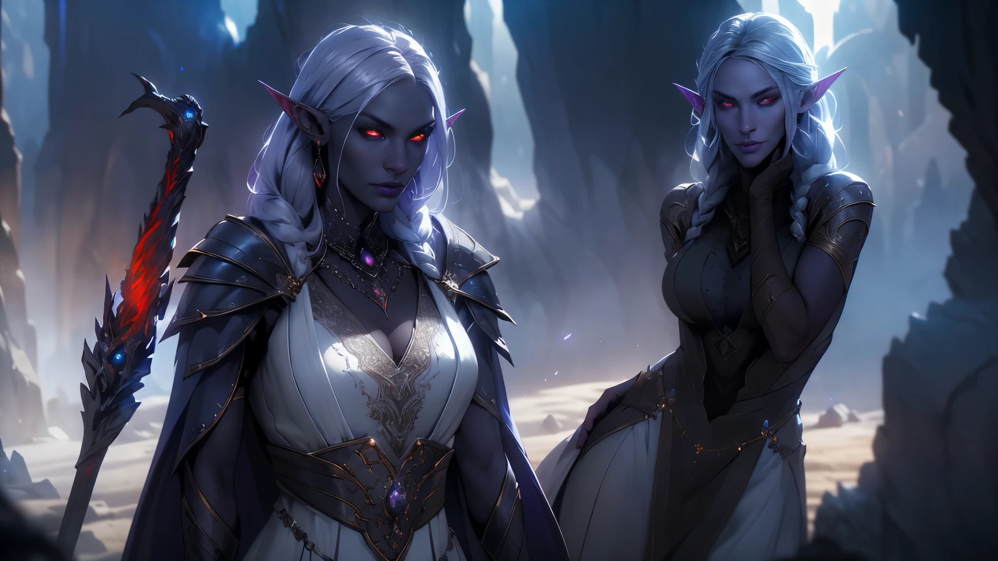 1girl, sexy drow, dark purple-blue skin, pale silver long elaborate braids, ((red eyes)), jewels, elf ears, earrings, ((white sorceress sexy dress)), wields staff, cliff, rocks, athletic, volumetric lighting, best quality, masterpiece, realistic, anatomically correct, master piece, best quality, (strong cinematic lighting), ((rim lighting)), ((sunlight)), stunning details, intricate details, 8k post-production, High resolution, super details, trending on ArtStation, sharp focus, depth of field f/1.8, studio photos, (((looking at camera)))