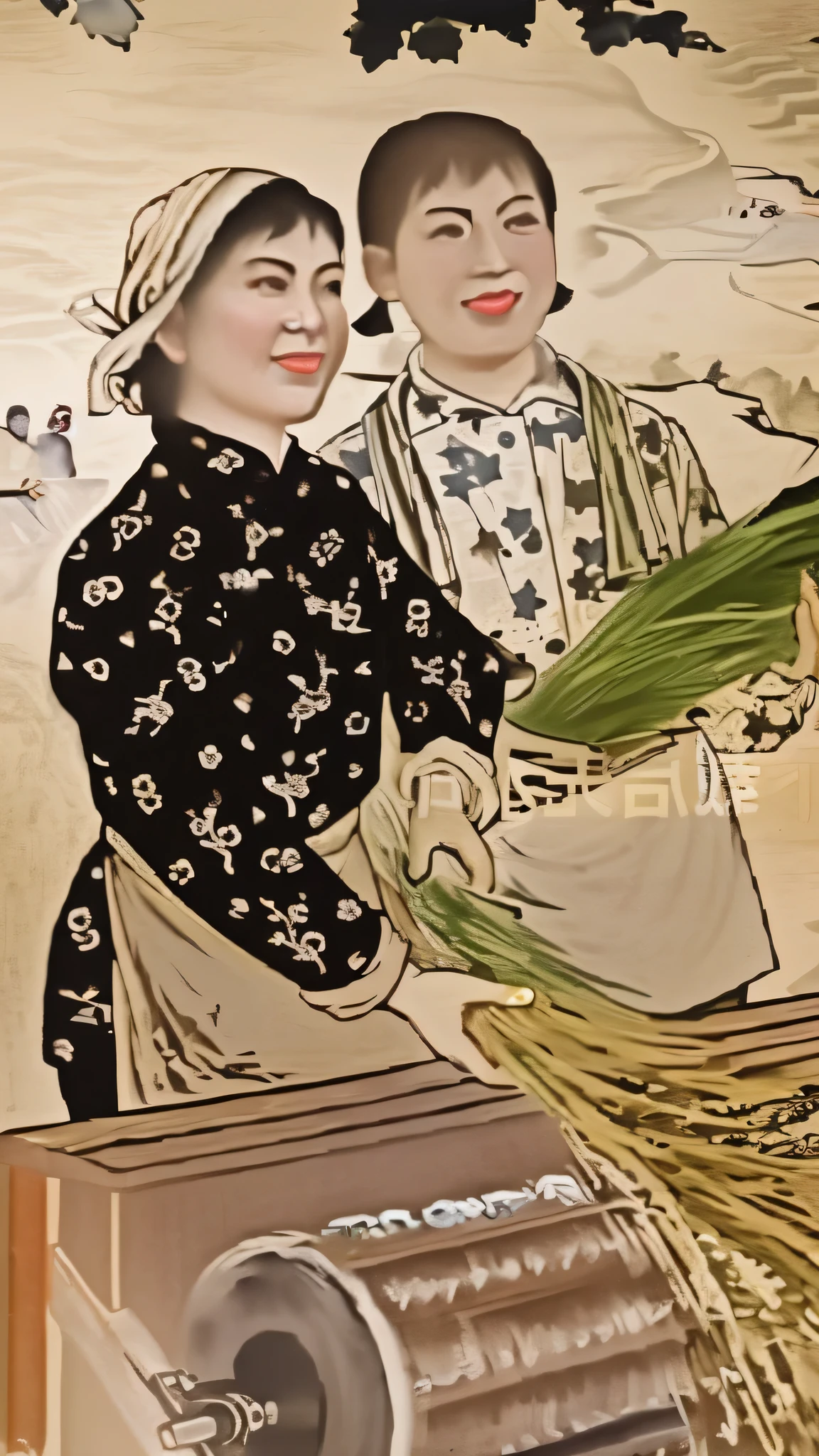 Painting of two women in traditional costumes picking wheat, Tradition, by Liao Chi-chun, chinese woman, old chinese painting, inspired Xu Beihong, Poster, by Fang Congyi, author：Gu Zhengyi, Xu Beihong, Inspired by Gu Hongzhong, by Sheng Maoye