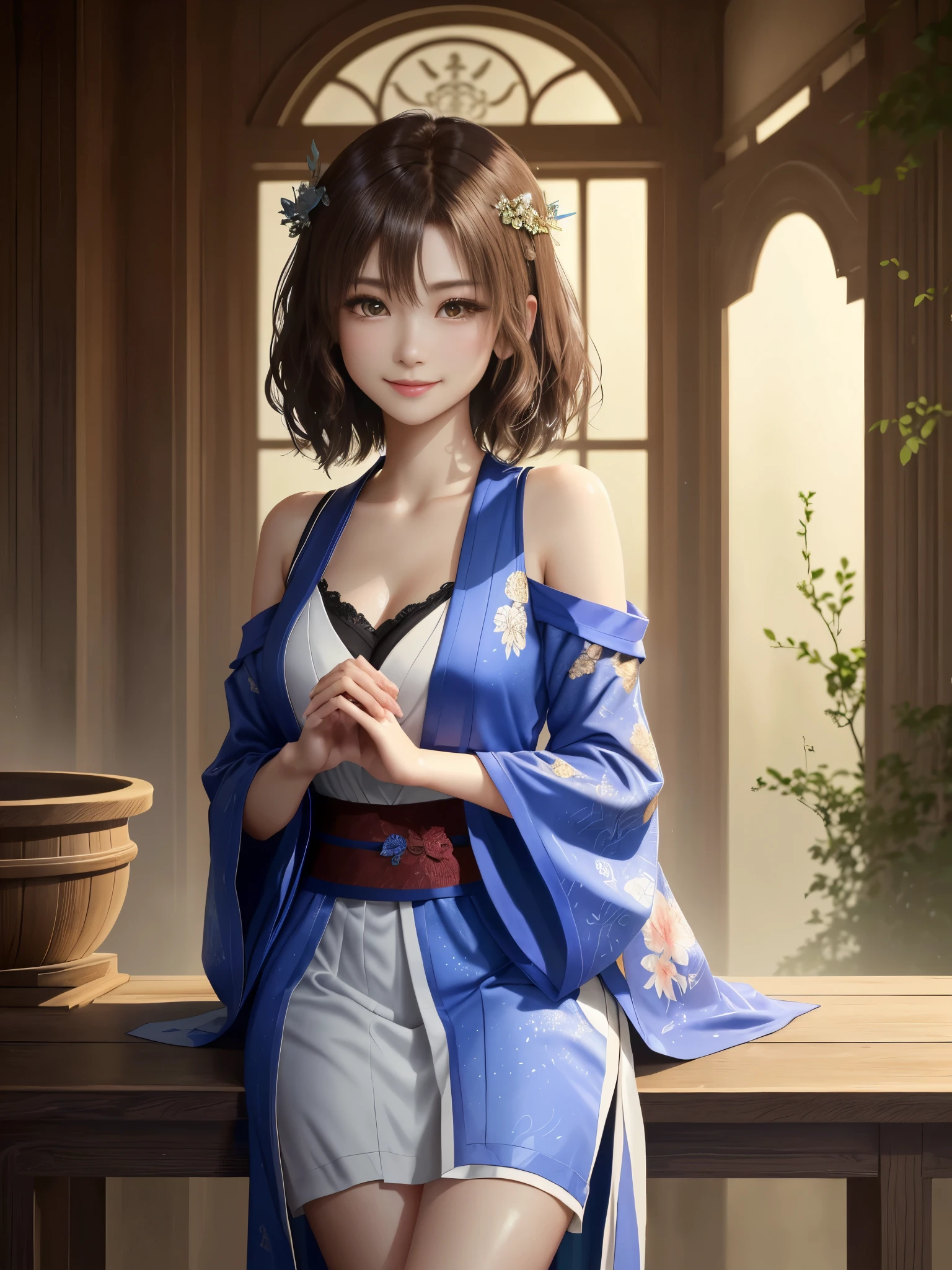 masterpiece , best quality,smile,smile,small face,shoulder exposure,golden kimono,A little cleavage exposure,double eyes,Beauty,beautiful woman,beautiful girl,Big eyes,light brown hair,Mysterious世界,god of water,Mythical God,水色のMysterious雰囲気,Water sources surround the area,水色のMysterious背景,beautifully curled hair,slender body shape,brown eyes,Contrast faithfully reproduced,short hair,Beautiful short hair,Berry Short,short cut hair,just one person,precision quality,A faithful reproduction of the human eye,水色のMysterious雰囲気,水色のMysterious背景,beautiful details, colorful, delicate details, delicate lips, intricate details, genuine, ultrargenuineista, Mature, bright eyes, ,colorful fox, raposa de Beautiful digital art,shrine maiden,hold hands,exquisite digital illustration, mizutsune, Inspired by mythical wild web creatures, pixiv in digital art, shining light, high contrast, Mysterious,