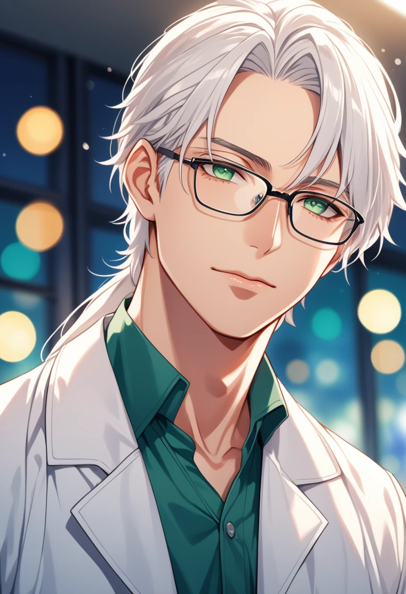 (masterpiece, best quality:1.2), (1boy), solo, 8k, white hair, long hair, glasses, handsome male, very detailed, tall, doctor, anime style, at a hospital, white coat, blushing, beautiful green eyes, colorful, dynamic perspective, sharp focus, extremely detailed eyes and face, (depth of field, bokeh:1.3), bangs, from underneath, no focus