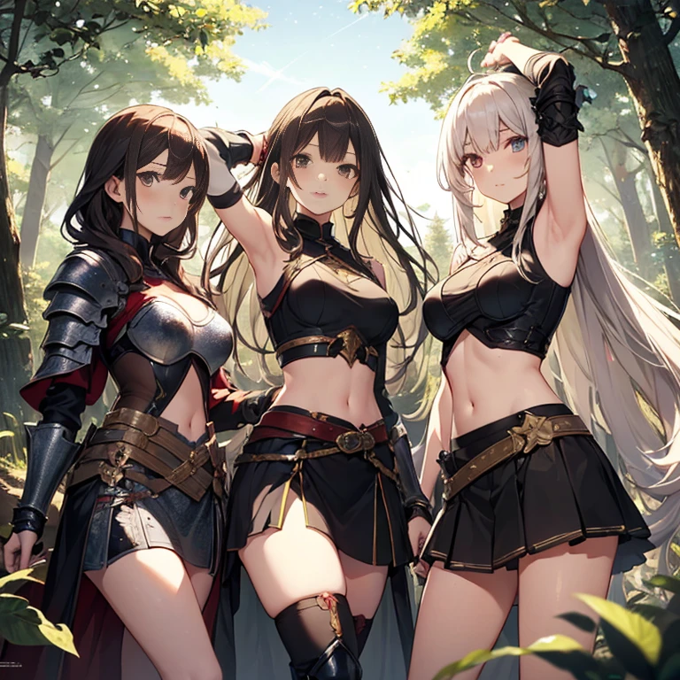 A group of young female knight, (in forest), various hair styles, harem, wearing armored clothes, metal armor, night, details face, , short skirt, seducing, sword, sleeveless , showing armpits, midriff, night, starry night 