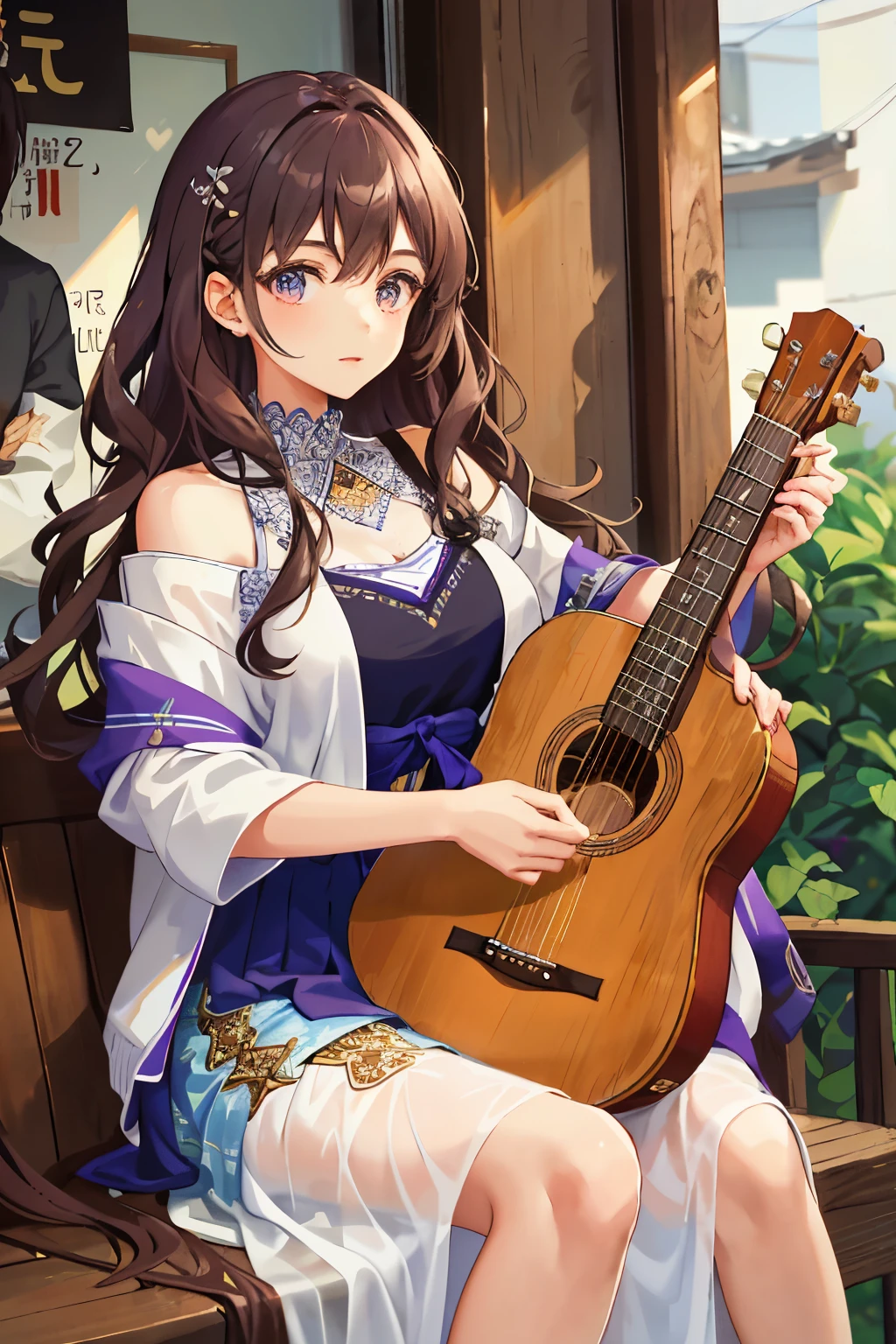 A talented young musician, with curly brown hair cascading down his shoulders, passionately strumming the strings of his acoustic guitar, serenading a mesmerized girl with his heartfelt melodies. The boy wears a casual outfit, consisting of a cozy sweater and a stylish jacket, perfectly accentuating his charming persona. The girl, captivated by the beautiful music, sits nearby, her eyes locked on the boy, her heart enchanted by the melodious tunes. She is adorned in a flowing skirt, paired with patterned pantyhose, exuding a touch of Japanese fashion flair. Her large, expressive breasts accentuate her feminine allure, while her captivating purple eyes shine with genuine admiration. The girl's long, lustrous hair cascades down her