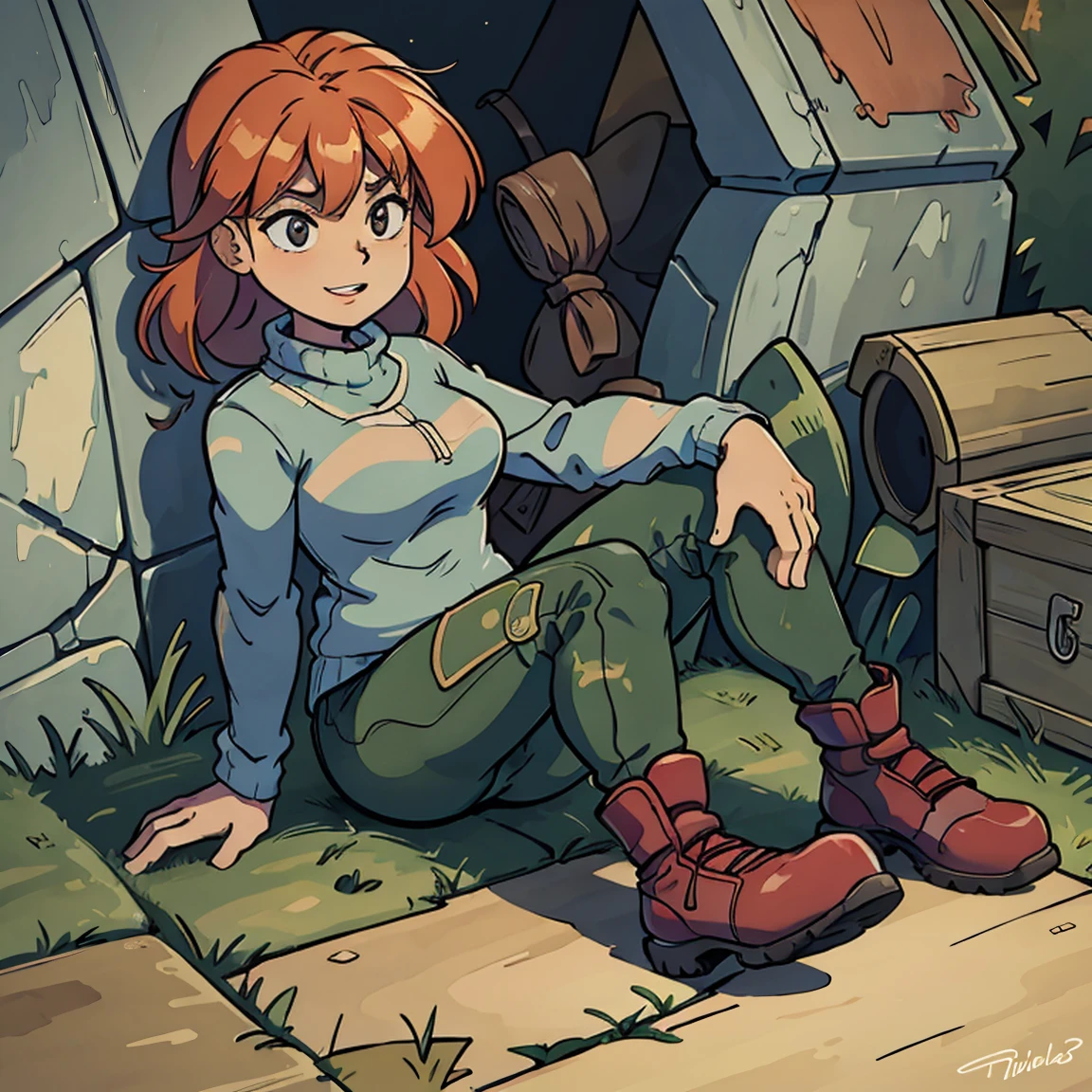 beautiful detailed eyes,beautiful detailed lips,long red hair with a smile,wearing a camo sweater and pants,camouflage boots, sitting to put on shoes and tie shoelaces, illustration,ultra-detailed, high-resolution, realistic,portrait, vivid colors,warm color tone,soft lighting