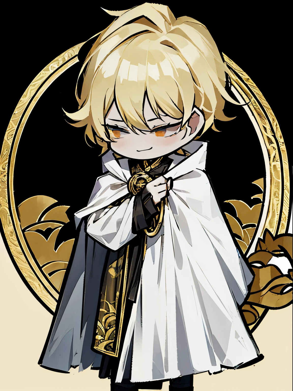 Solo, Male, smirk facial, masterpiece, highres, blonde hair, orange eyes, long all white hooded cloak and a golden clasp, black shirt, chibi