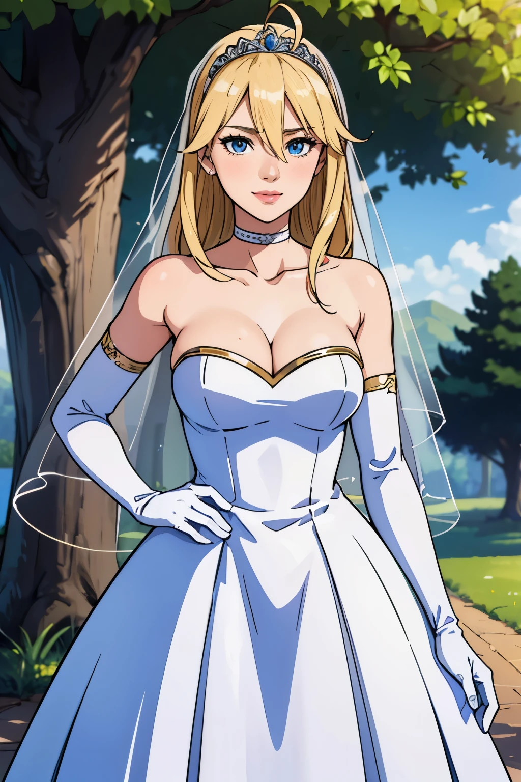 Sonya Blade MK,  hair between eyes, ahoge, blonde hair, star \(symbol\), hair ornament, ruffled tulle dress, cleavage, bare shoulders, collarbone, long white elbow gloves, white gloves, white dress, white choker, strapless, tiara, veil, strapless dress, wedding dress, bridal veil, beautiful woman, perfect body, perfect breasts, wearing a wedding dress, ball gown, in the park trees, wedding decorations, a warm smile, realism, masterpiece, textured skin, super detail, high detail, high quality, best quality, 1080p, 16k