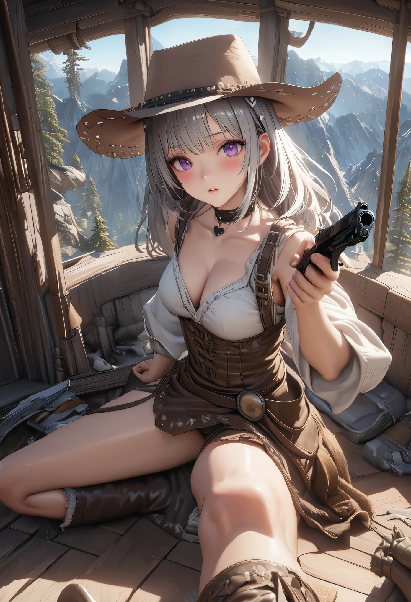 masterpiece,highest quality, Super detailed, High resolution, expensive resolution, HDR, 4k, 8K, unity 8k wallpaper, Super detailed CG, masterpiece, realistic, 2D, 3D, beautiful details, depth, fine texture , super fine: 1.3, Fully focused, Crispy.skin, .he, Very cute anime girl 、Desolate wilderness、cowboy styleの衣装、cowboy hat、cowboy boots、hand gun、mexican wilderness、duel、hand gunを持って立っている、long silver hair wearing expensive , one girl、alone, long silver hair, cowboy style、cowboy hat、hand gun、duel、cowboy bootole under the eye, looking at the viewer , expensive , blush, mole, parted lips, hair ornaments, heart, purple eyes, choker