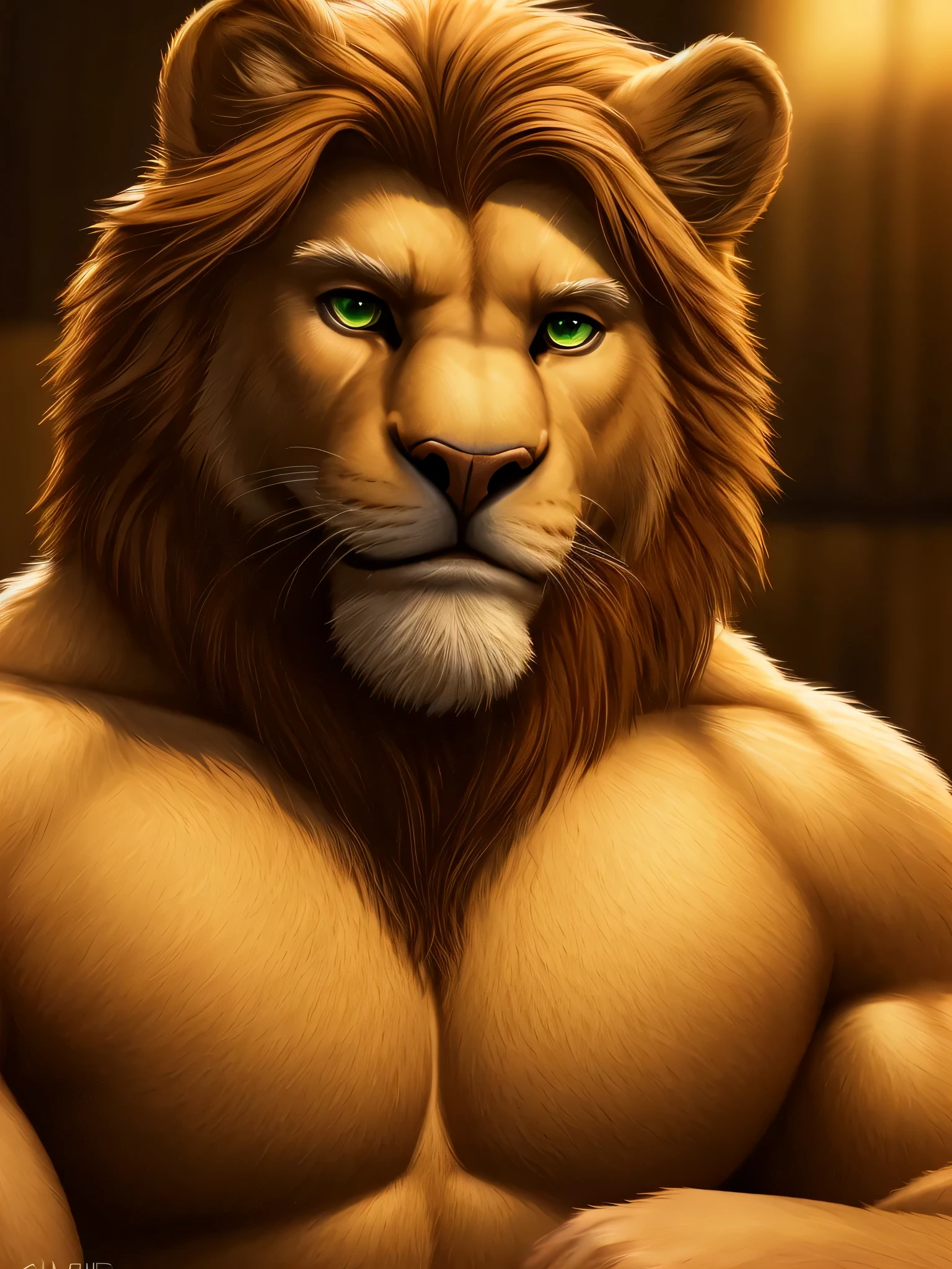 (highres:1.2), ultra-detailed, (realistic:1.37), lion, muscle-bound male, solo, mature, round and chubby belly, large pectorals, biceps, long and blonde mane, chin beard, muscular body, beautiful green eyes, intricately detailed eyes and face, tight-fitting jockstrap, debout, regard sexy, poitrine ouvert, fond chambre lit, muscled body, regarde le téléspectateur, vision of the whole body (intricate, high detail, film photography, soft focus, RAW candid cinema, photorealism, realistic, photorealistic, analog style, subsurface scattering, masterpiece, best quality, ultra realistic, 8k)