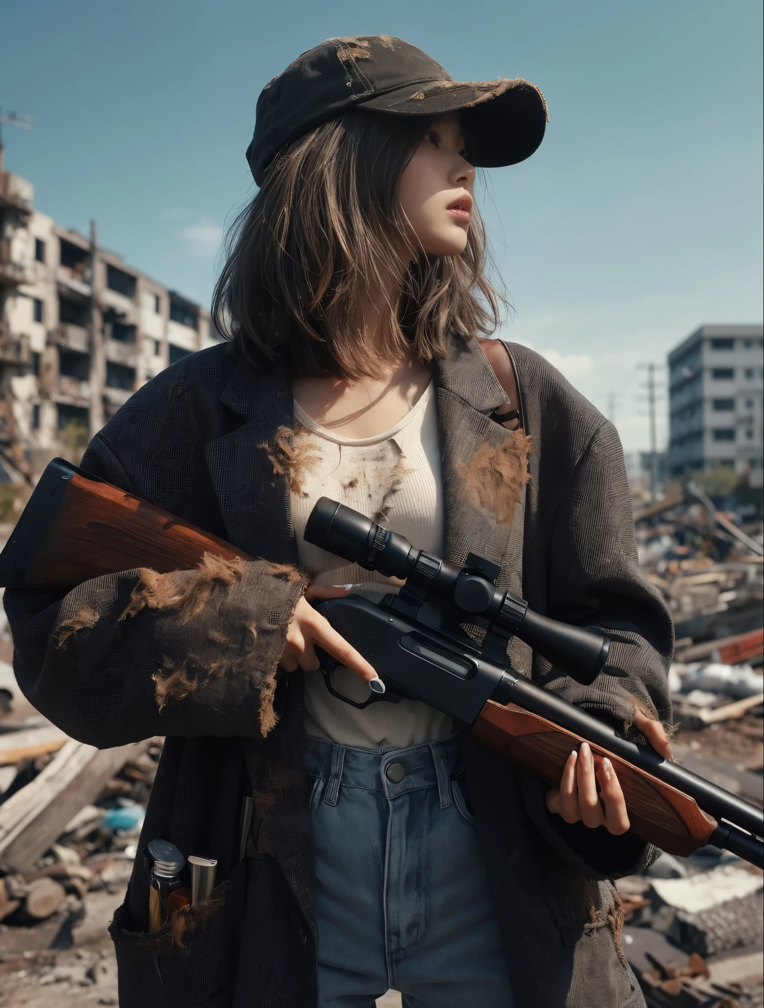 "(best quality,8K,realistic photo,realistic skin texture),beautiful Japanese woman living in America,holding a Remington V3 Tac-13,dirty beige trench coat,Yankees navy baseball cap,dirty high-cut Nike sneakers,debris-strewn town,sunny day,detailed face with expressive eyes,cool action pose,stylish composition"