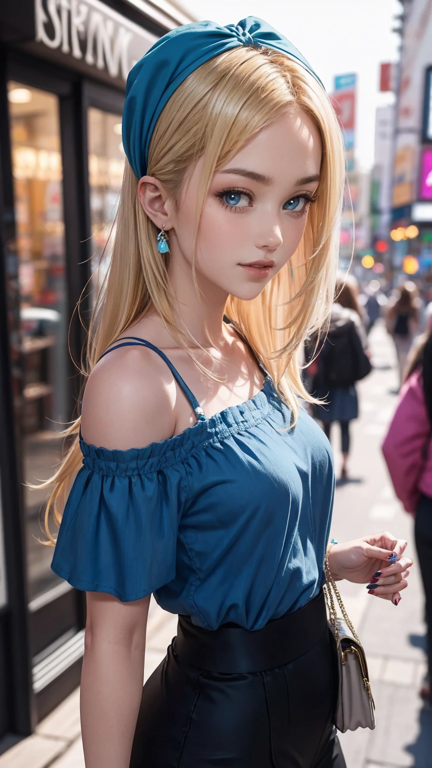 blonde hair, gradient hair, hair over shoulder, hair behind ear, longeyelashes, light smile, Surrealism, depth of field, atmospheric perspective, foreshortening, UHD, anatomically correct, highres, 16k、A 22-year-old extremely beautiful white woman、Her hair color is platinum blonde、blue eyeedium hair、straight hair、The hair is shiny、The skin is lustrous、smile、Slender but well-proportioned muscular body、Athlete-like body type、I don&#39;t want my head to disappear from the screen.、Wearing accessories on your wrist、Wearing red nail polish、I have a peticure、Gradient color hairstyle ((gradient hair))
、long hair ((long hair))、headband((hairband))、Wear an off-the-shoulder bodycon outfit、wear stiletto heels、On Broadway Street、fold your arms、lick your lips((licking lips))