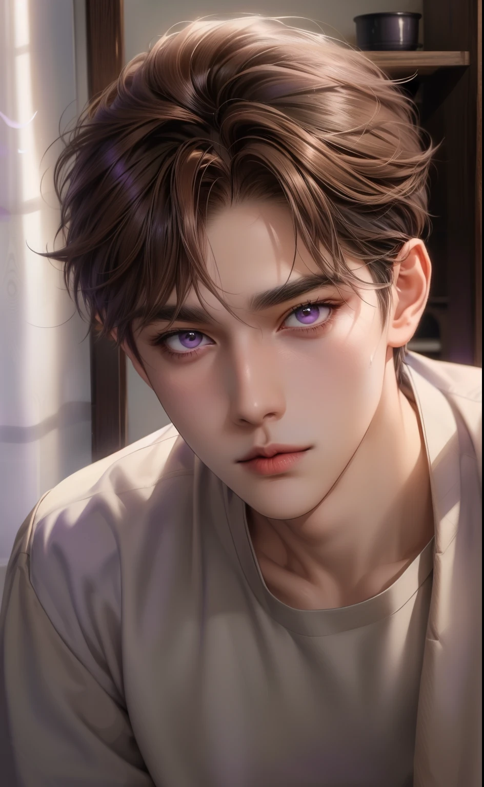 Boy, light brown hair, gray eyes, sharp features, white skin, purple shirt