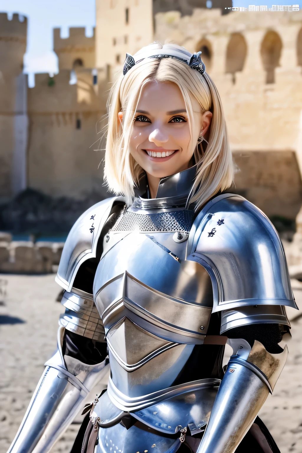 8K、highest quality、female knight、The background is a castle、Luxurious Silver Armor、heavy equipment、hairstyle short cut、smile、beautiful teeth、full body photo、ear piercing、blonde、white woman、blue eyes、hair band