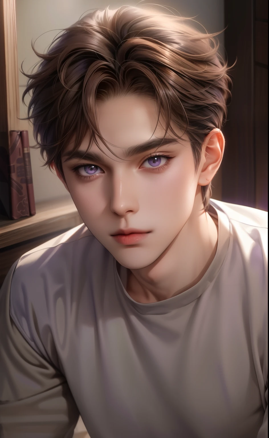 Boy, light brown hair, gray eyes, sharp features, white skin, purple shirt