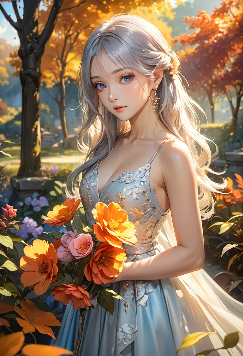 (highest quality:1.2),Super detailed,realistic,portrait,landscape,Beautiful girl in the garden,soft lighting,exquisite details,colorful flowers,golden sunlight,elegant pose,delicate features,flowing dress,calm expression,long flowing silver hair,Beautiful light blue eyes,mysterious atmosphere,autumn colors,subtle shadow,blurred background,fine texture,Artistic brushwork,intense gaze,mysterious beauty,natural environment,Visual Storytelling,dreamy quality,peaceful atmosphere,natural pose,warm colors,play of light and shadow,Airy atmosphere,Natural light,immersive experience,harmonious composition,Dynamic energy,beauty of nature,Elegance and elegance,nuance