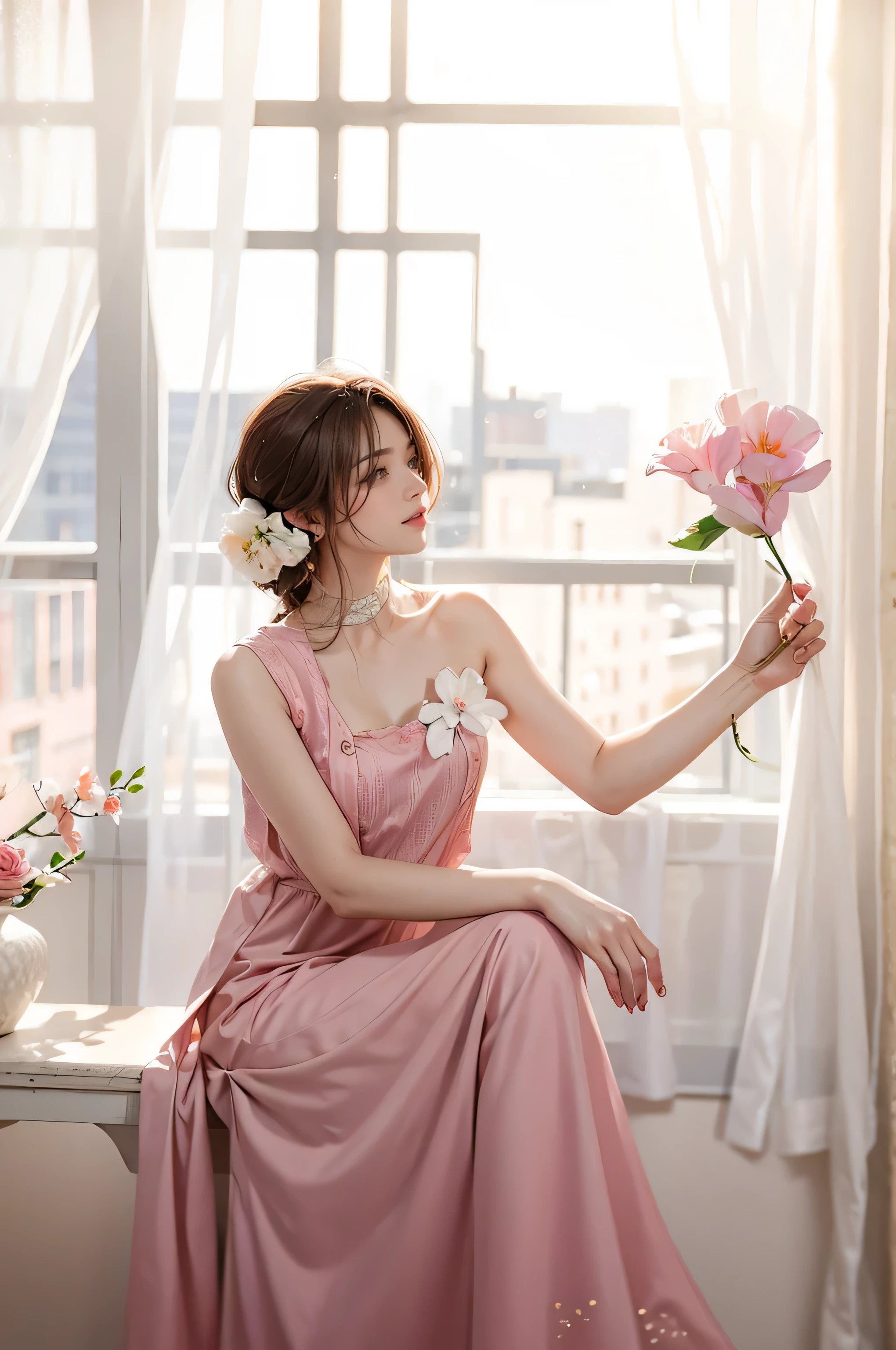 arafed woman in a pink dress holding a bouquet of flowers, carrying flowers, with flowers, wrapped in flowers, holding flowers, asian woman, lovely woman, lady with glowing flowers dress, female portrait with flowers, flower goddess, traditional beauty, beautiful woman, beautiful asian woman, turban of flowers, beautiful oriental woman, asian girl, gorgeous woman, woman in flowers