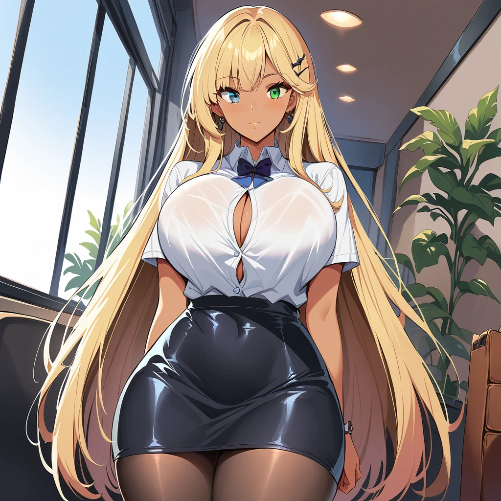 (chef-d'artwork, best quality:1.2), 1fille, seulement, ((seins gigantesques)), clivage, SFW, chemise blanche, chemise à col, jupe noire, collants, Arms on the sides, debout, office lady, pencil skirt, short sleeves, blonde hair, very long hair, button gap, pantyhose, black pantyhose, dark-skinned female, indoor, heterochromia, blue eyes, green eyes,
