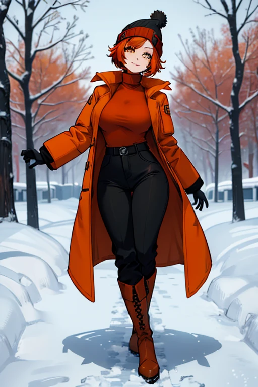 female, red short hair with yellow highlights, orange eyes, (((1girl))), (((orange winter coat))), (black turtleneck shirt), (red beanie), (black winter pants), (brown cowboy boots with white trim), cute and sexy, large breasts, large butt, full body, long legs, smiling