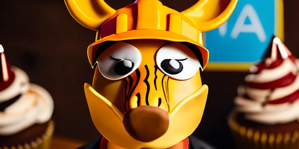 anthropomorphic , giraffe , construction helmet on head, holding a birthday cake