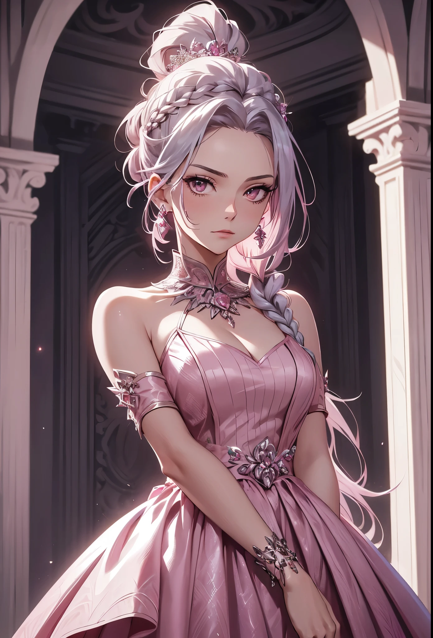 Woman, serious, elegant, pink dress, aristocratic, silver elements, long nails, bare shoulders, hairstyle, hair up, braid and ponytail, messy, arrogant, absurdes, detailed dress, royalty, celebration, hall decorated with flowers, cowboy shot, portrait, (best quality), (masterpiece), (highly detailed), (4k)