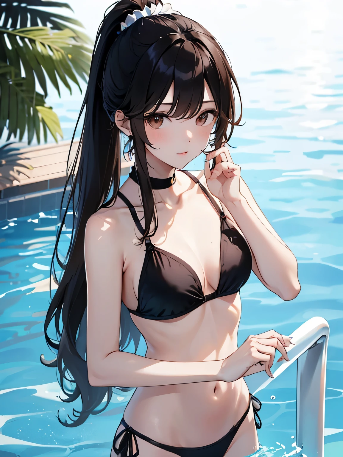 best quality, highres,Slender、brown eyes、tall、black hair、(No bangs:1.3)、(long hair:1.3),(straight hair:1.3),Inward roll、pool、blue bikini、standing position、summer、float ring、、ponytail、white scrunchie