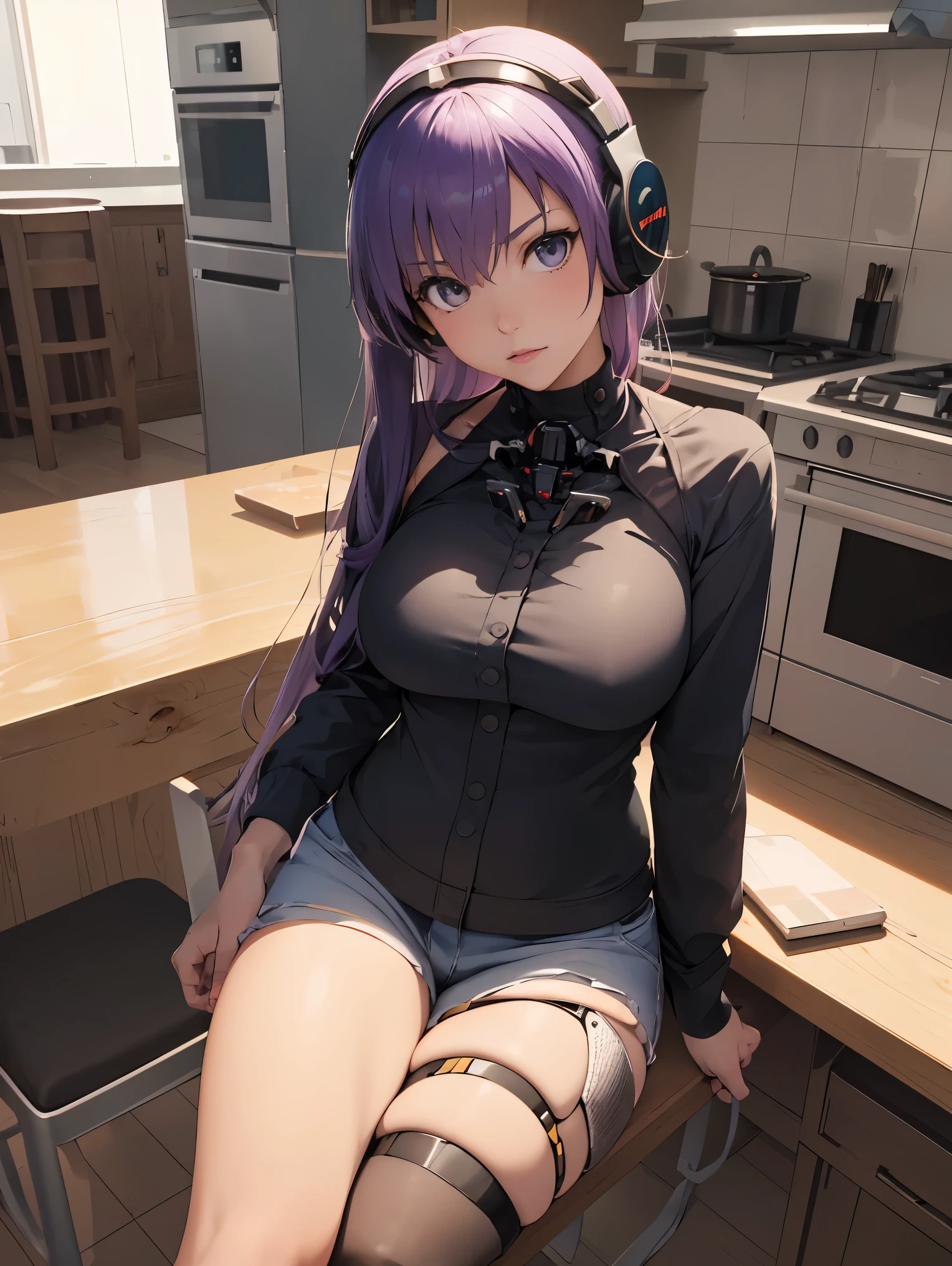 anime girl with headphones sitting on a table in a kitchen, smooth anime cg art, seductive anime girl, [ 4 k digital art ]!!, realistic anime 3 d style, makoto shinkai and artgerm, mysterious coffee shop girl, attractive anime girl, anime moe artstyle, painted in anime painter studio, biomechanical oppai, a hyperrealistic 