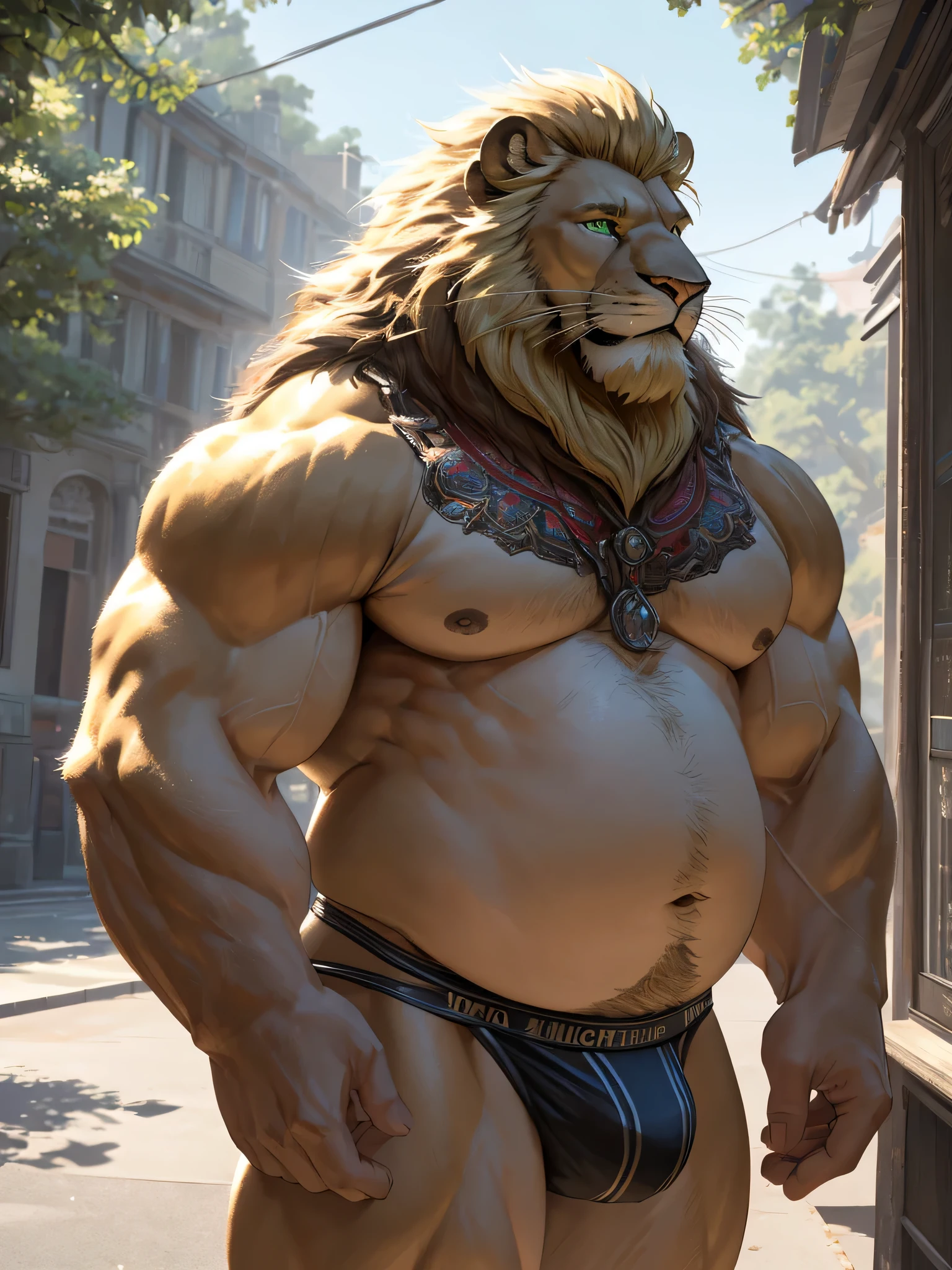 (highres:1.2), ultra-detailed, (realistic:1.37), lion, muscle-bound male, solo, mature, round and chubby belly, large pectorals, biceps, long and blonde mane, chin beard, muscular body, beautiful green eyes, intricately detailed eyes and face, tight-fitting jockstrap, debout, regard sexy, poitrine ouvert, fond chambre lit, muscled body, regarde le téléspectateur, vision of the whole body (intricate, high detail, film photography, soft focus, RAW candid cinema, photorealism, realistic, photorealistic, analog style, subsurface scattering, masterpiece, best quality, ultra realistic, 8k)