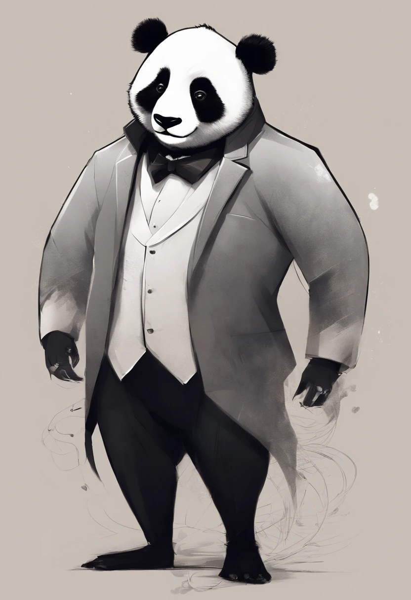 anthropomorphic panda, de cuerpo entero, vestido formalmente con un blazer, sostiene una bandeja, pegatina de panda, sticker de panda.