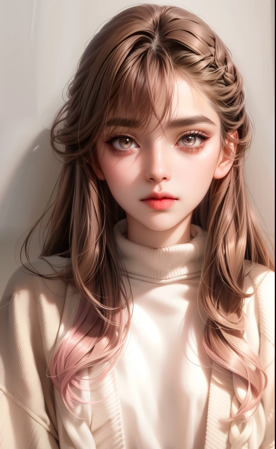 Girl, long light brown hair, gray eyes, sharp features, white skin, pink lips, sweater